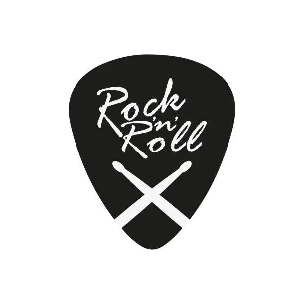 Vector illustration of pick with text rock'n'roll and drummed sticks