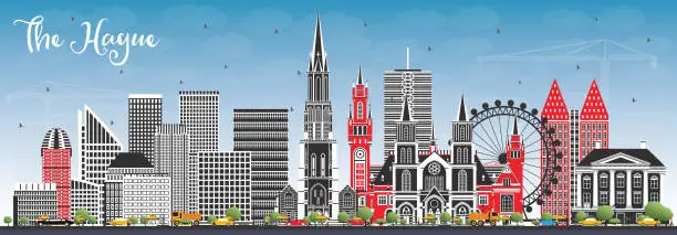 Vector illustration of The Hague Netherlands City Skyline with Color Buildings and Blue Sky.