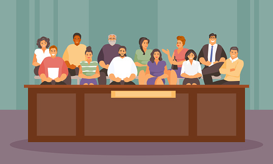 Twelve jurors in the courtroom. Vector illustration