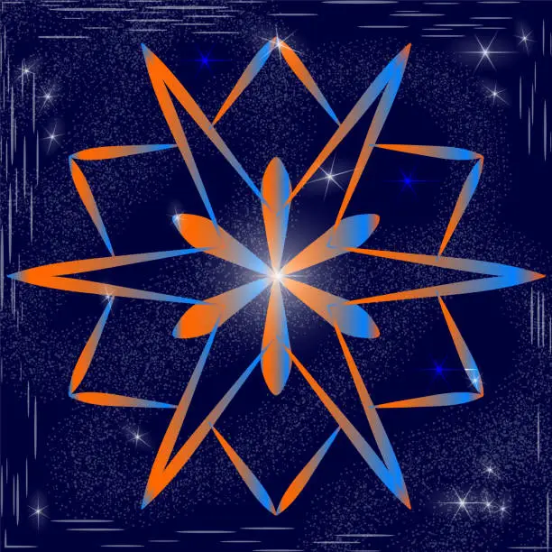 Vector illustration of The original snowflake with a gradient fill of orange and blue on the background of snow in the sky with bright stars. Crystal of snow in space. Element for design of winter and cosmic themes.