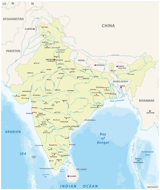 ilustraciones, imágenes clip art, dibujos animados e iconos de stock de mapa de la india con las ciudades y ríos más grandes - india map cartography sri lanka