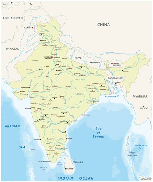 Map of India with the biggest cities and rivers Map of India with the biggest cities and rivers bay of bengal stock illustrations