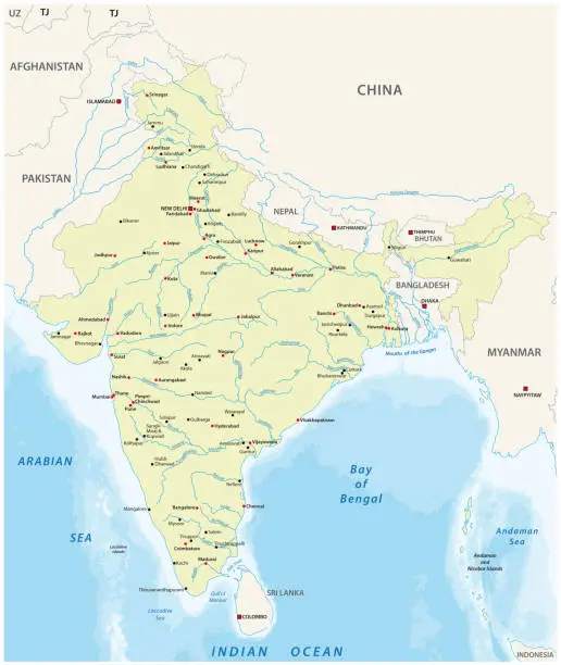 Vector illustration of Map of India with the biggest cities and rivers