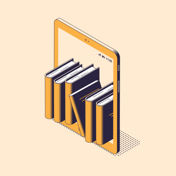 Online reading or education isometric vector illustration - stack of paper books standing inside of digital tablet. Online reading or education isometric vector illustration - stack of paper books standing inside of digital tablet. Electronic library or e-book on mobile device concept . electronic book stock illustrations