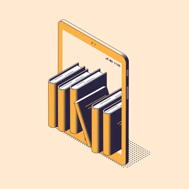 Vector illustration of Online reading or education isometric vector illustration - stack of paper books standing inside of digital tablet.