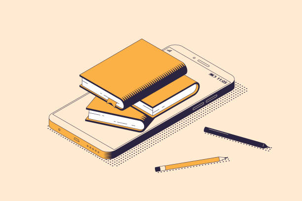 Online reading and education concept in isometric isolated vector illustration. Online reading and education concept in isometric isolated vector illustration - pile of paper books lying on big smartphone and pencils. Electronic library, store or study class concept. pencil tip stock illustrations