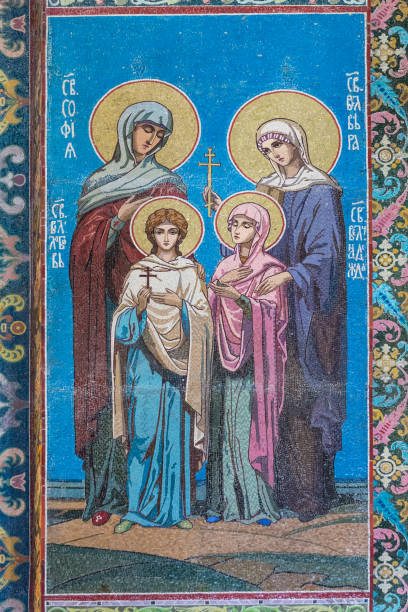 fresk (ikona) świętych faith, hope, charity i ich matka sophia.. - cathedral st petersburg indoors fresco zdjęcia i obrazy z banku zdjęć