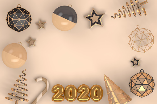 2020 New Year, Minimal cream background, soft and gold colors,  3d rendering Christmas and new year ornaments. Christmas Tree.