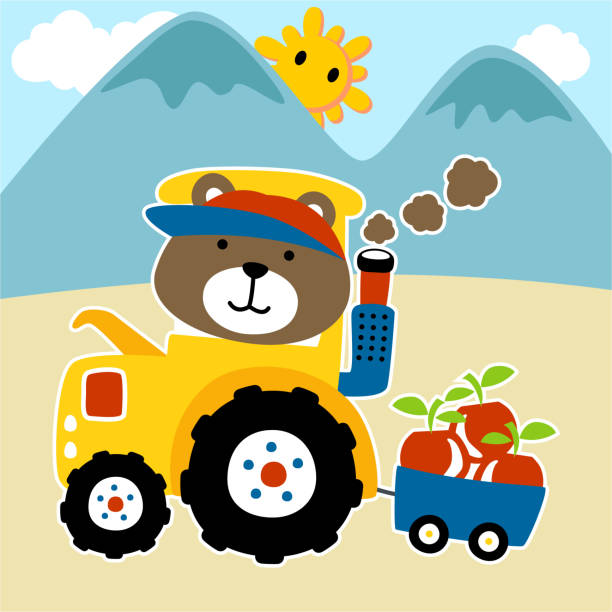 cute bear cartoon on tractor with fruits cute bear cartoon on tractor with fruits ursus tractor stock illustrations