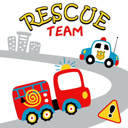 Cartoon Of Fire Truck And Police Car To The Rescue Stock Illustration -  Download Image Now - Apartment, Badge, Car - iStock