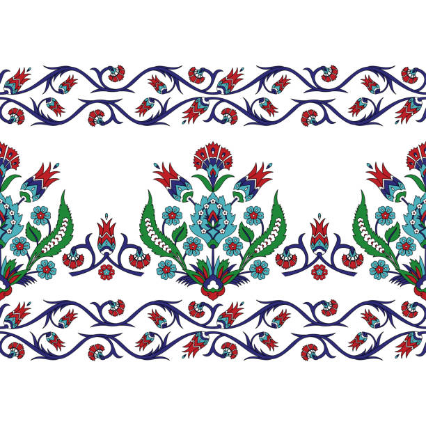 터키어 아랍어 패턴 벡터 원활한 테두리입니다. 튤립 꽃 오스만 이즈니크 타일 디자인. 직물, 장식 또는 벽지에 대한 골동품 다마스크 꽃 질감. - paisley pattern seamless green stock illustrations