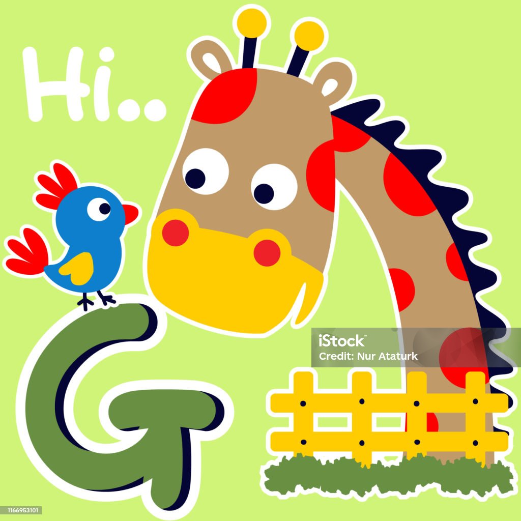 Vetores de Desenhos Animados Do Giraffe E Do Pássaro e mais imagens de