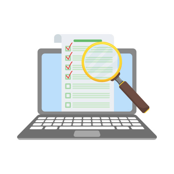 check list on laptop under magnifying glass paper check list on laptop under magnifying glass details icon stock illustrations