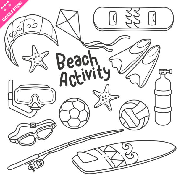여름 해변 활동 편집 가능한 스트로크 낙서 벡터 그림입니다. - swimming goggles stock illustrations