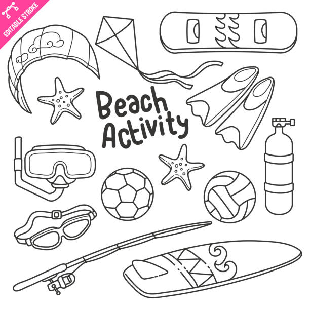 Summer Beach Activity Editable Stroke Doodle Vector Illustration. Summer beach activity hand drawn doodle illustration isolated on white background. Vector doodle illustration with editable stroke/outline. cartoon of a swimming goggles stock illustrations
