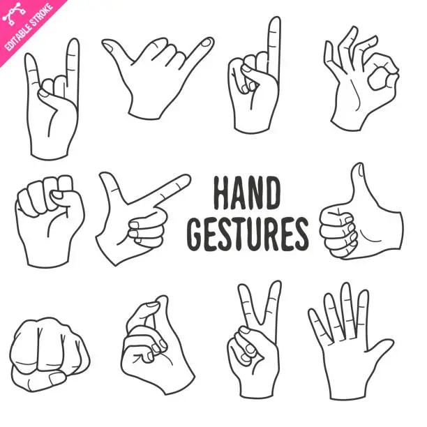 Vector illustration of Hand Gesture Editable Stroke Doodle Vector Illustration.