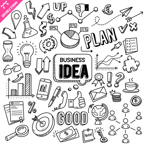 Business Idea Editable Stroke Doodle Vector Illustration. Business idea hand drawn doodle illustration isolated on white background. Vector doodle illustration with editable stroke/outline. drawing art product stock illustrations