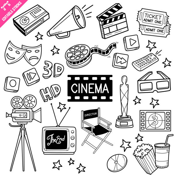 ilustraciones, imágenes clip art, dibujos animados e iconos de stock de ilustración vectorial de doodle de trazo editable de cine. - cámara ilustraciones