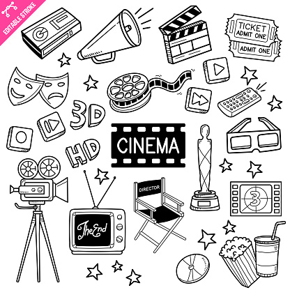 Cinema hand drawn doodle illustration isolated on white background. Vector doodle illustration with editable stroke/outline.