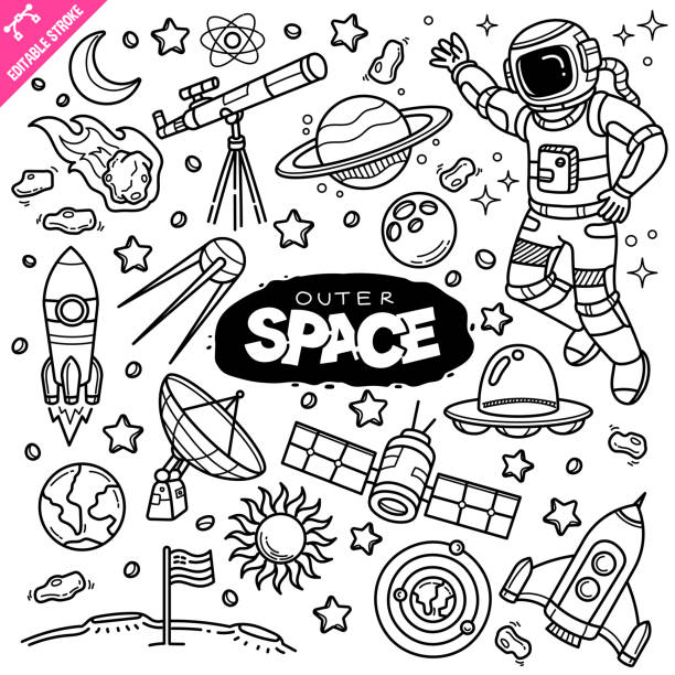 ilustraciones, imágenes clip art, dibujos animados e iconos de stock de ilustración vectorial de doodle de trazo editable del espacio exterior. - equipment group of objects space moon