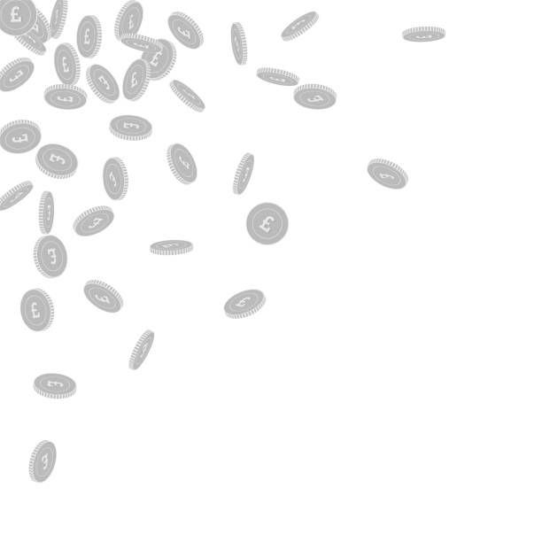 British pound coins falling. Scattered black and w British pound coins falling. Scattered black and white GBP small coins. Jackpot or success concept. Sightly scattered top left corner vector illustration. Cirrocumulus stock illustrations