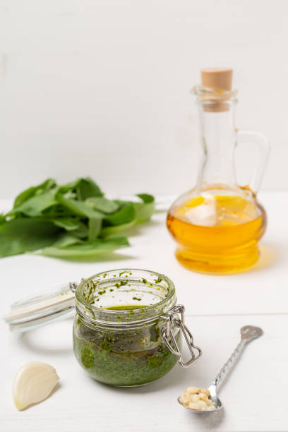 istock Jar with basil pesto sauce on table 1166958912