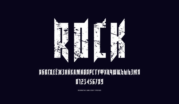 Decorative narrow sans serif font with elements of thorns Decorative narrow sans serif font with elements of thorns. Cyrillic letters and numerals with vintage texture for emblem design. White print on black background sans font stock illustrations