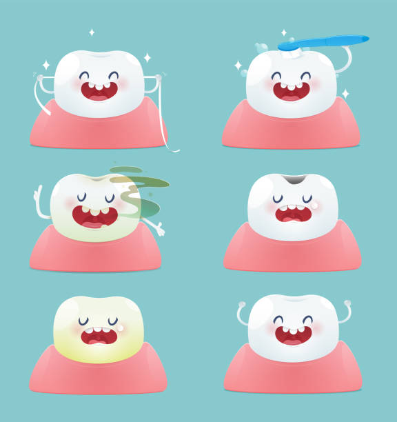 illustrazioni stock, clip art, cartoni animati e icone di tendenza di set di simpatici dentini su sfondo blu - problemi di salute totale e dentali - illustrazione e design vettoriale - scrub brush immagine