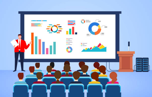 Business seminar speakers, financial and financial data analysis, marketing, sales and e-commerce training Business seminar speakers, financial and financial data analysis, marketing, sales and e-commerce training finance meeting stock illustrations