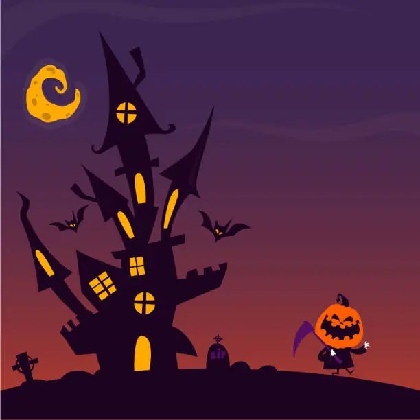 Vector illustration of Cartoon scary haunted house. Halloween vector illustration