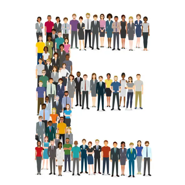 Vector illustration of Large group of people gathering in letter E