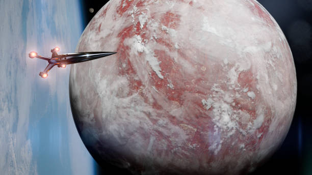 istock spaceship in orbit of an alien moon (3d science illustration) 1166973034