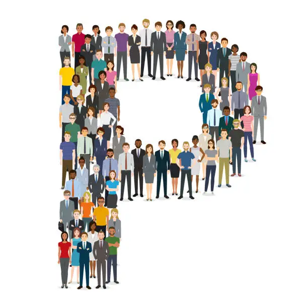 Vector illustration of Large group of people gathering in letter P