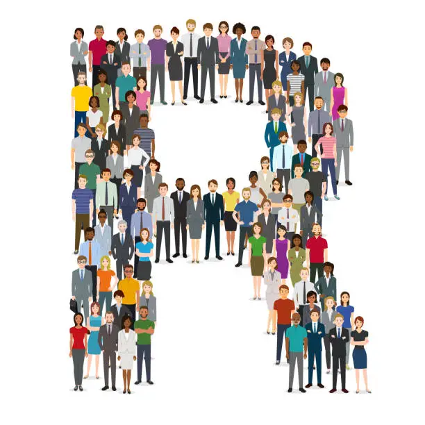 Vector illustration of Large group of people gathering in letter R