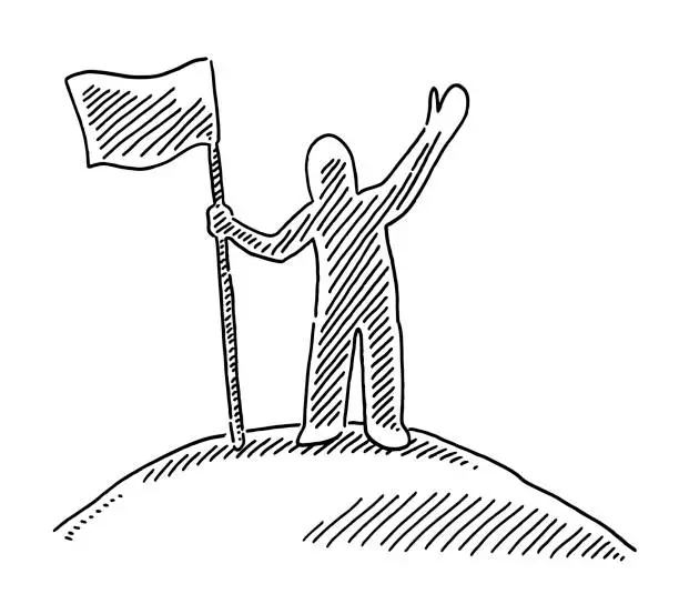 Vector illustration of Successful Human Figure Holding Flag On Top Drawing