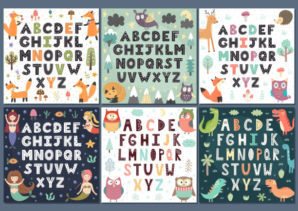 귀여운 캐릭터와 알파벳 컬렉션입니다. 아이들을위한 벽 예술 - 컴퓨터 글자 일러스트 stock illustrations