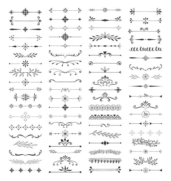 набор нарисованных вручную разделителей и текстовых сепараторов. линии и лозы для украшения страницы. богато элементы дизайна. векторная и - christmas retro revival frame holiday stock illustrations