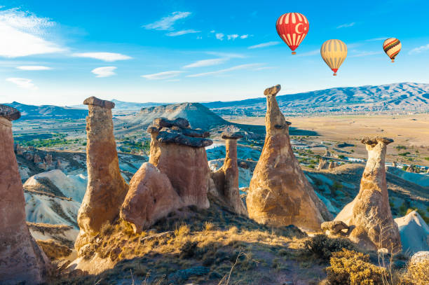 Rocks looking like mushrooms d, Turkey. With balloons