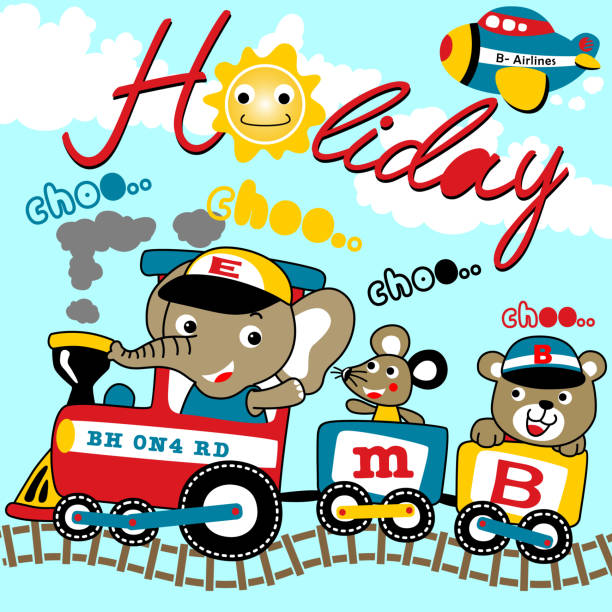 ilustrações de stock, clip art, desenhos animados e ícones de holiday time with funny animals on steam train, kids t shirt design, wallpaper, vector cartoon illustration - train steam train sun vector