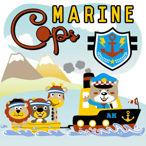 Vector illustration of vector cartoon of marine police patrol with cute animals