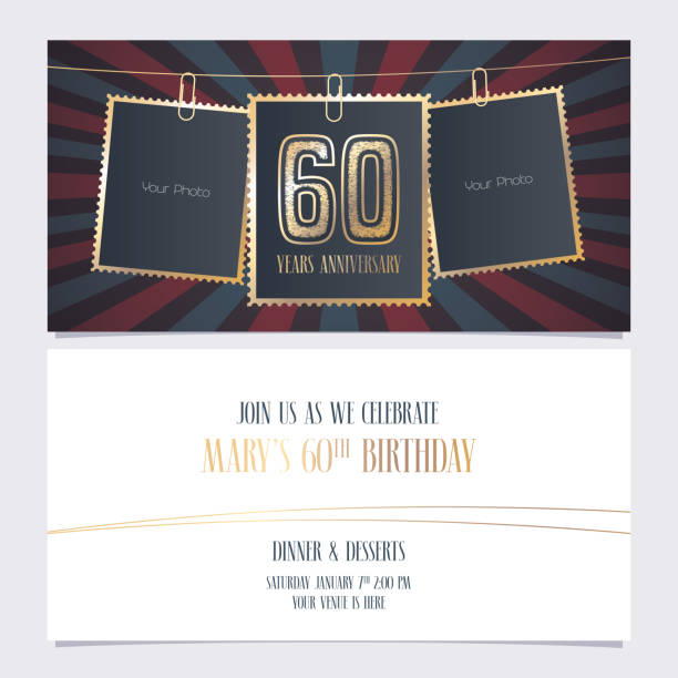 60 years anniversary party invitation vector template 60 years anniversary party invitation vector template. Illustration with photo frames for 60th birthday card, invite graduation photos stock illustrations
