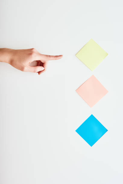 istock Hand indicating on a yellow notepaper or postit isolated on white background 1166980316