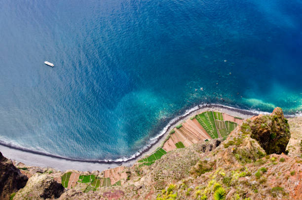 Singular view from the skywalk at the steep coast Cabo Girao, Madeira, Portugal, Europe, 580metres down stock photo