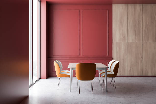 istock Red and wooden dining room interior 1166983512