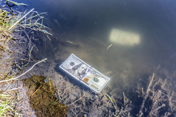 istock Dollars in the river. Money laundering. Banknotes in water. 1166986025