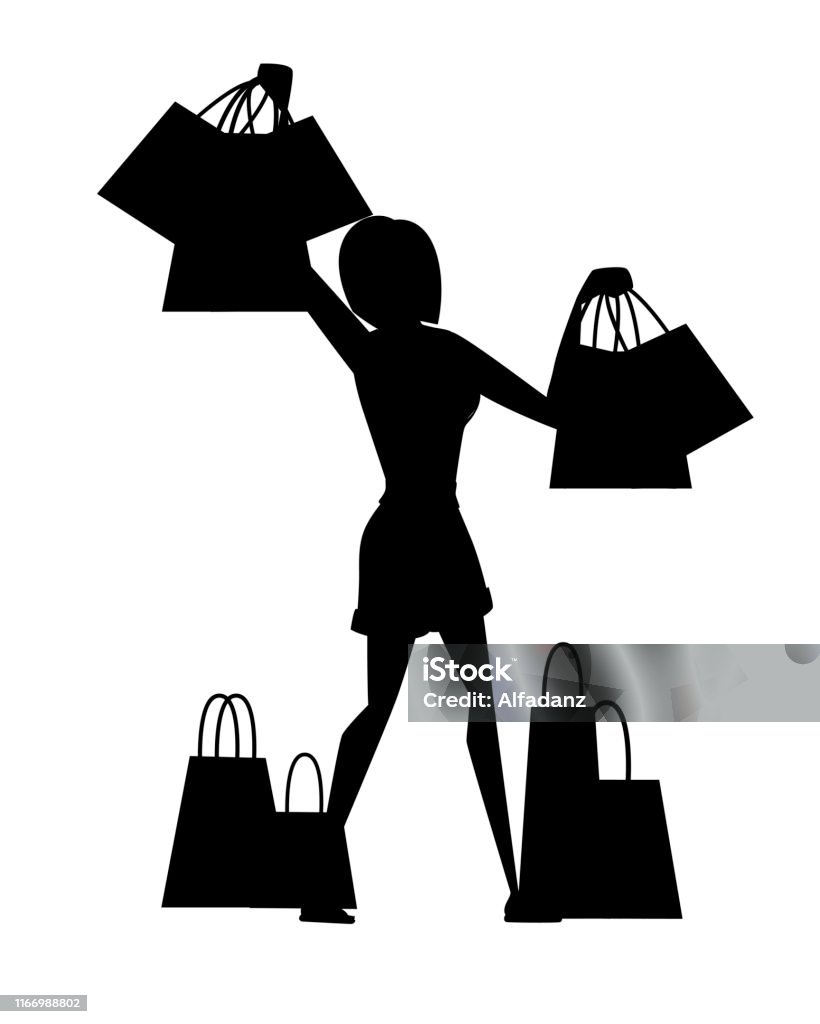 Black Silhouette Happy Woman Holding The Many Various Shopping Bags Cartoon  Character Design Flat Vector Illustration Isolated On White Background  Stock Illustration - Download Image Now - iStock