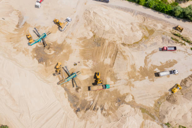 istock Aerial view over the building materials processing factory. Sand mine. View from above 1166990199