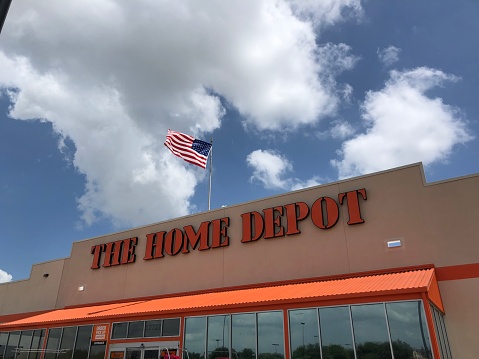 June 23, 2019 - Home Depot proudly flying the America flag.  This store front is located at 14085 Northwest Fwy, Houston, TX 77040.