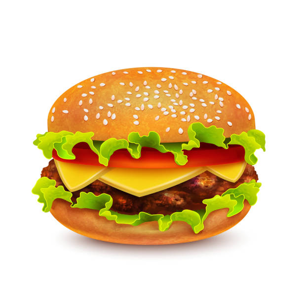 isolierter hamburger auf weißem hintergrund im realistischen stil - menu fast food restaurant food beef stock-grafiken, -clipart, -cartoons und -symbole