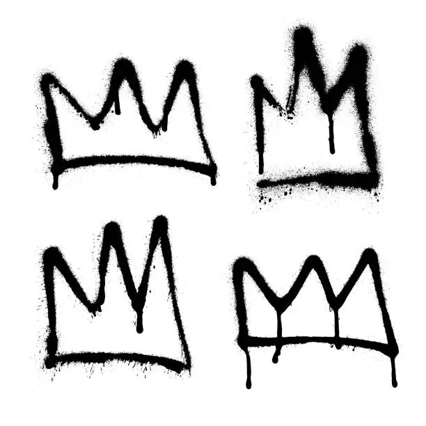 Vector illustration of Sprayed crown graffiti set with overspray in black over white. Vector illustration.